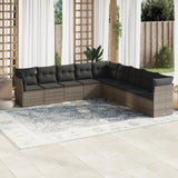 9-piece garden furniture set with grey cushions in woven resin