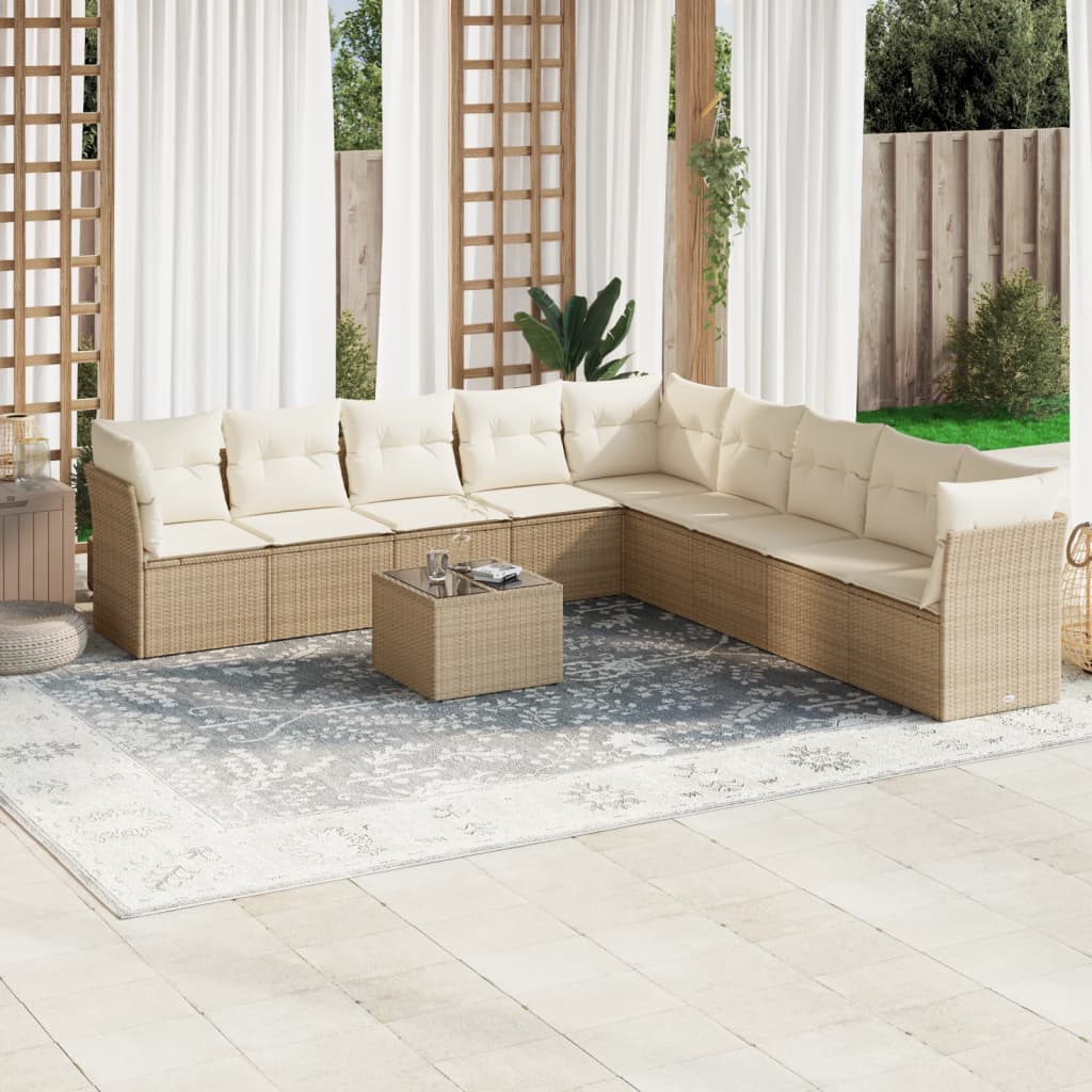 Salon de jardin avec coussins 10 pcs beige résine tressée