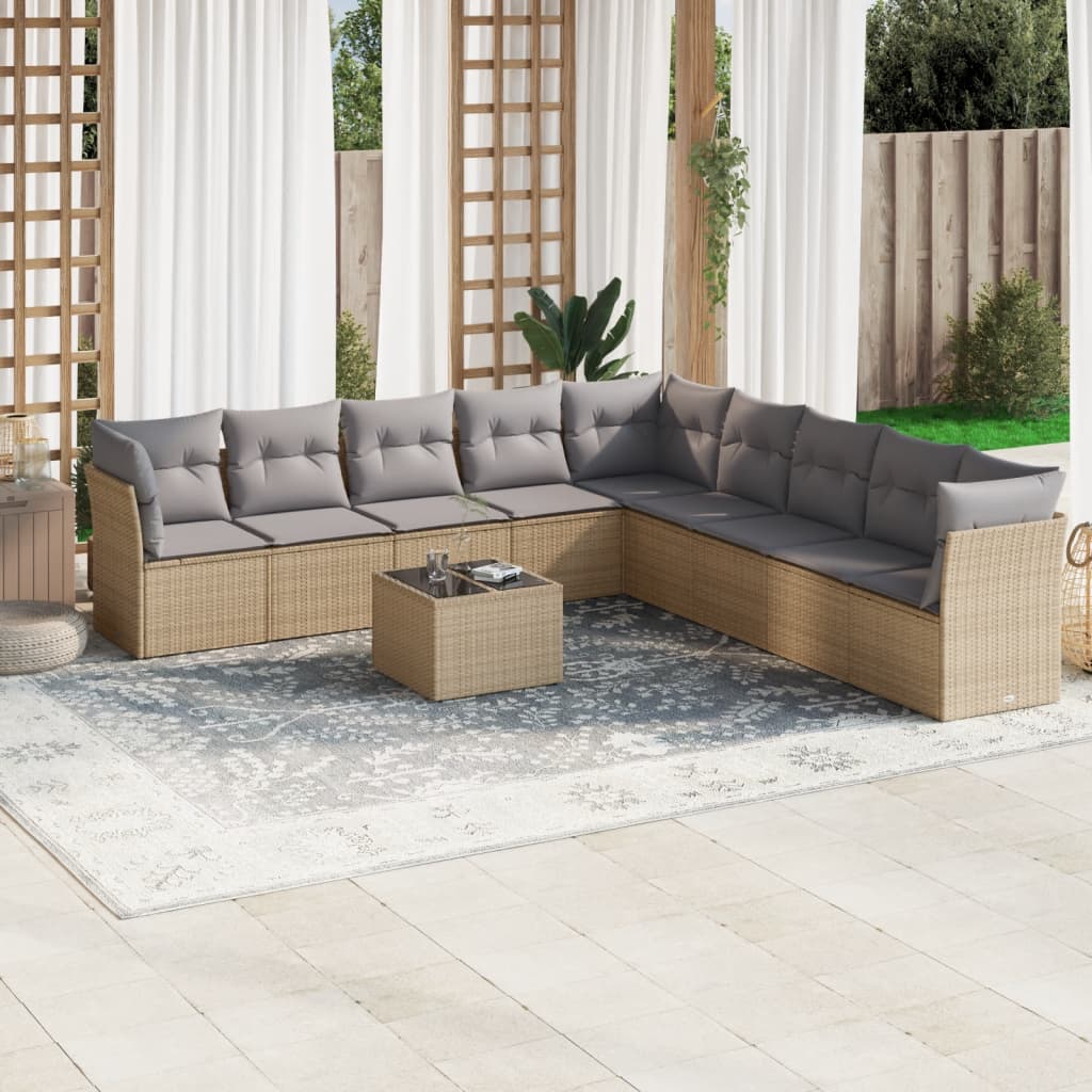 Salon de jardin avec coussins 10 pcs beige résine tressée