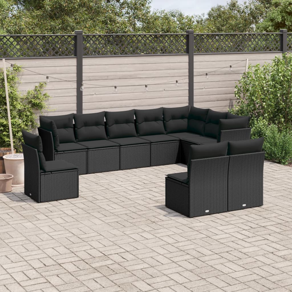 Salon de jardin 10 pcs avec coussins noir résine tressée