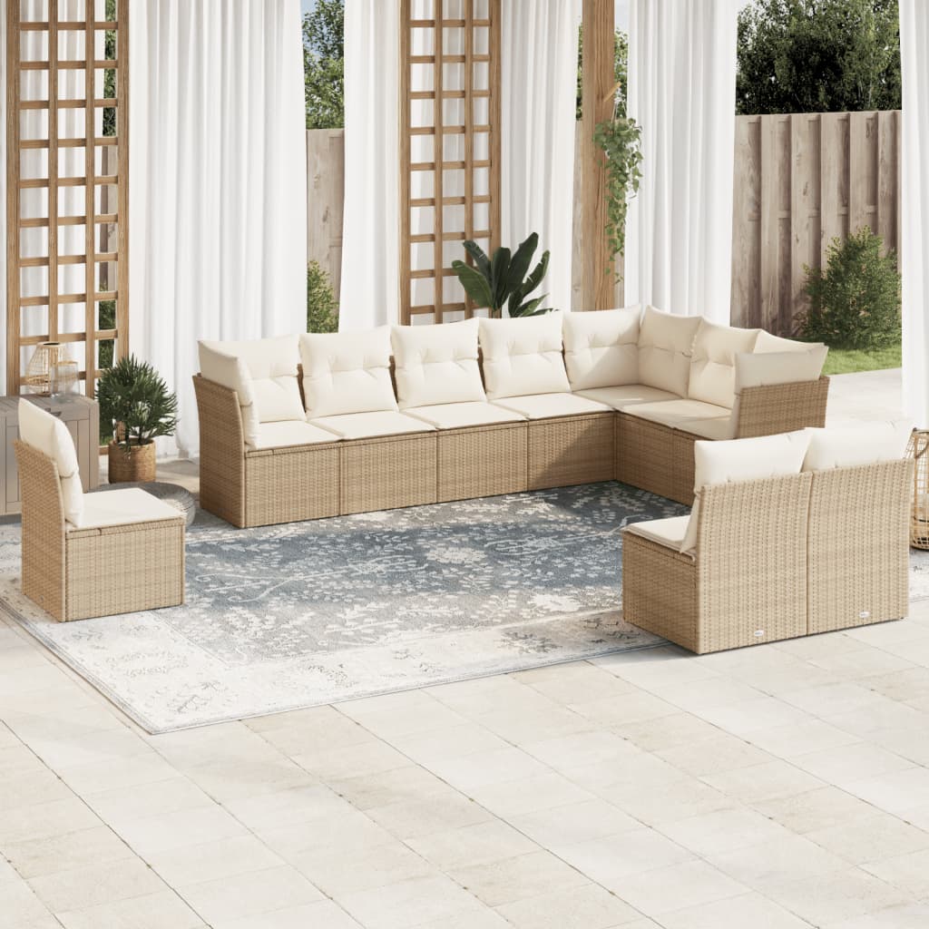 Salon de jardin avec coussins 10 pcs beige résine tressée