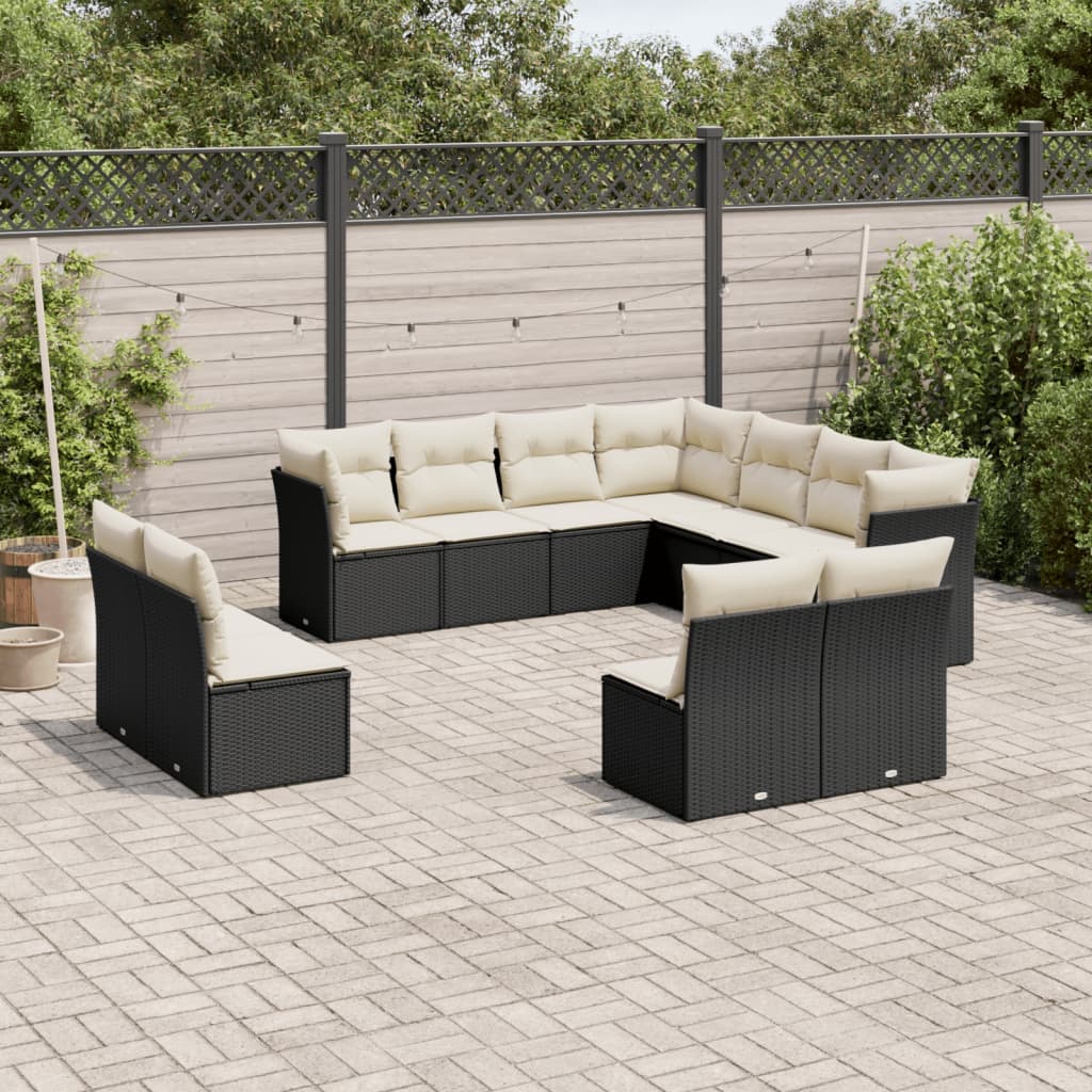 11-piece garden furniture set with black cushions in woven resin