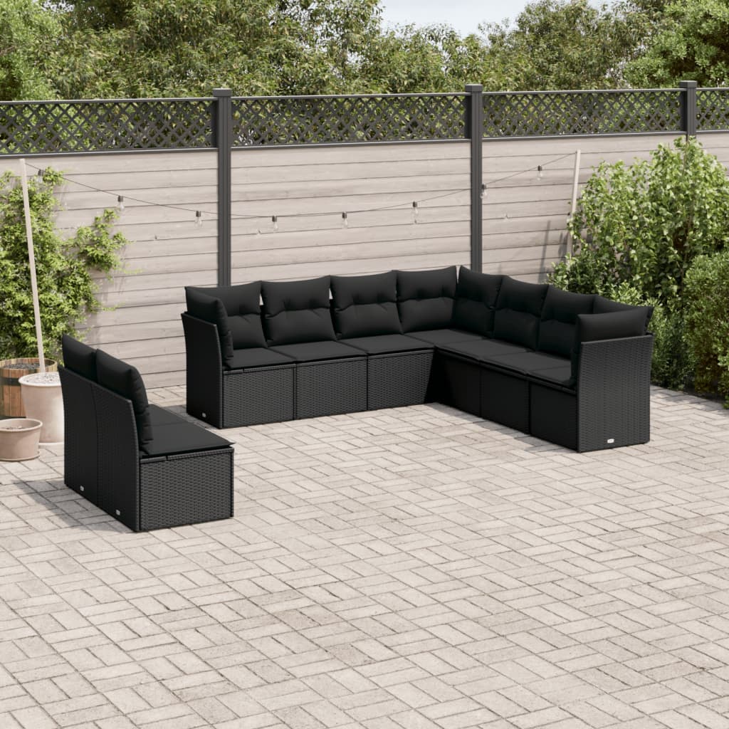 Salon de jardin 9 pcs avec coussins noir résine tressée