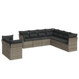 9-piece garden furniture set with grey cushions in woven resin