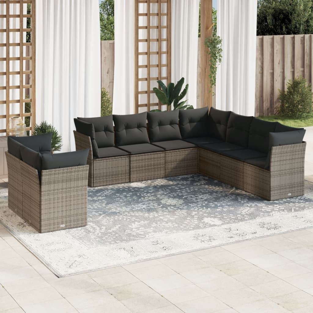 9-piece garden furniture set with grey cushions in woven resin