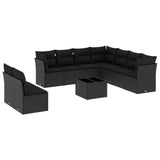 10-piece garden furniture set with black cushions in woven resin