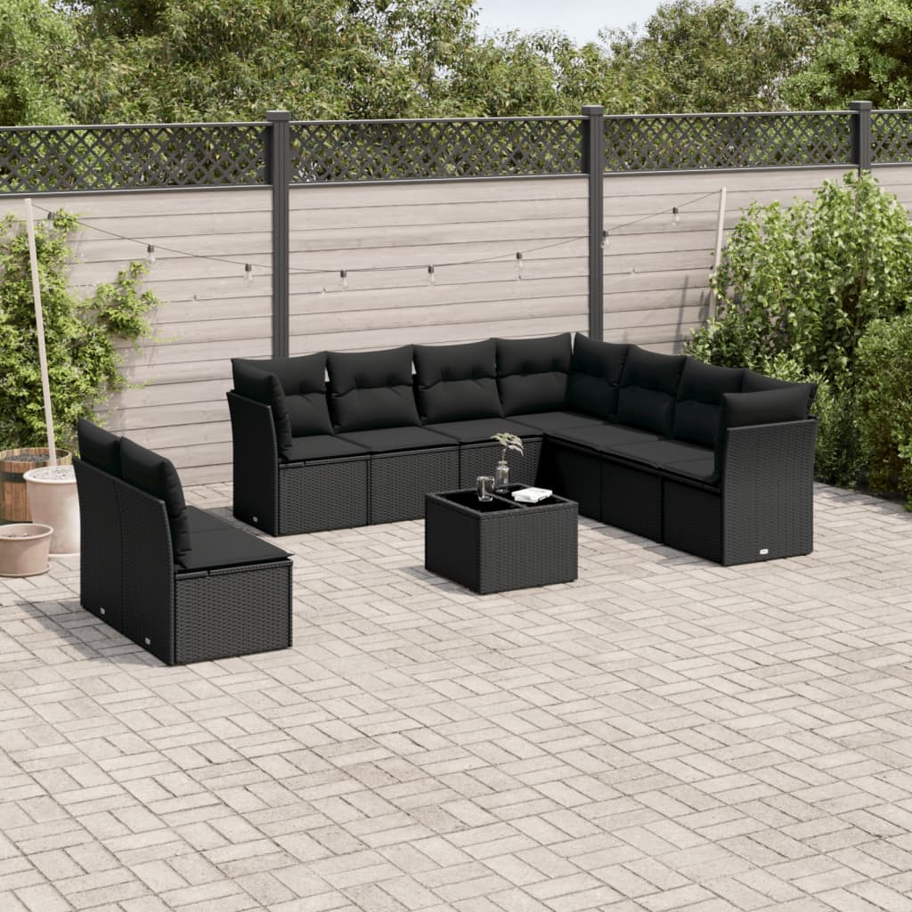 10-piece garden furniture set with black cushions in woven resin