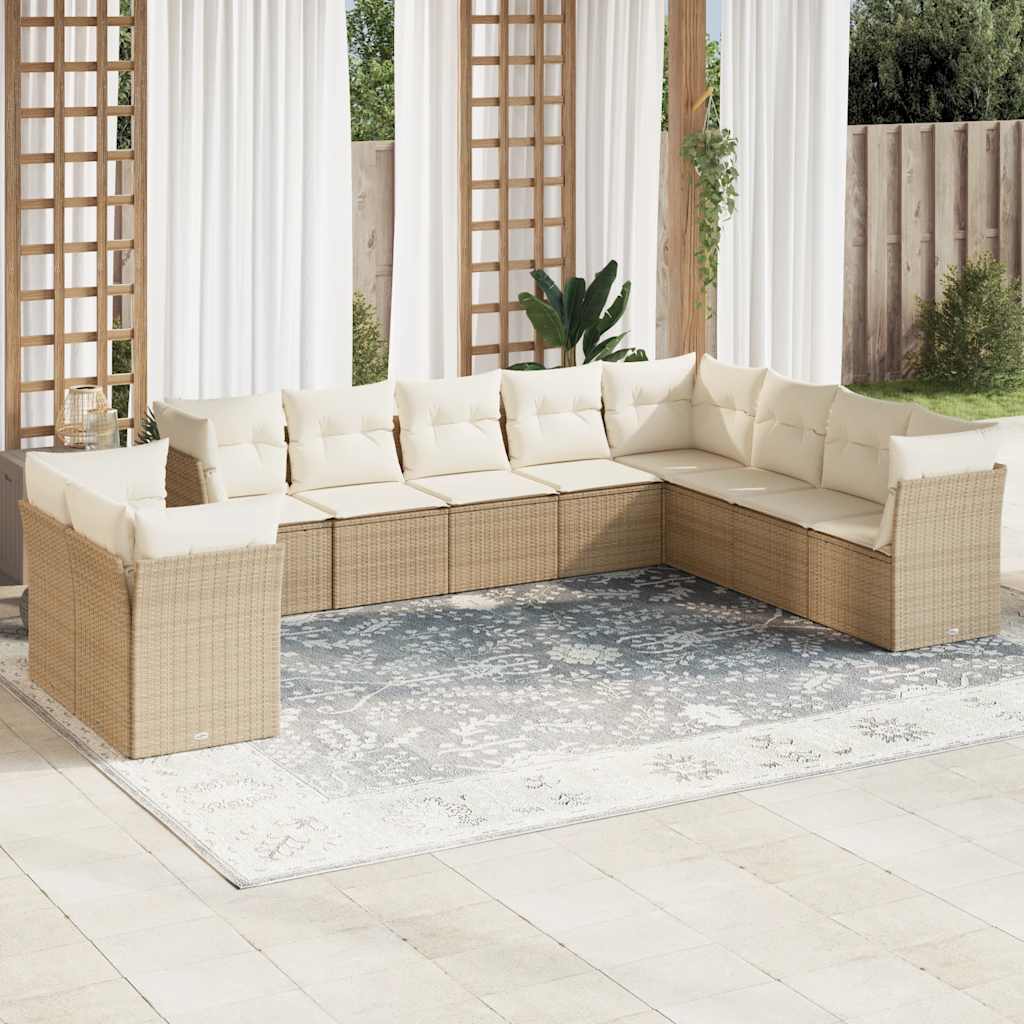 Salon de jardin avec coussins 10 pcs beige résine tressée