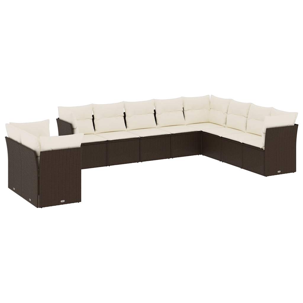 10-piece garden furniture set with brown cushions in woven resin