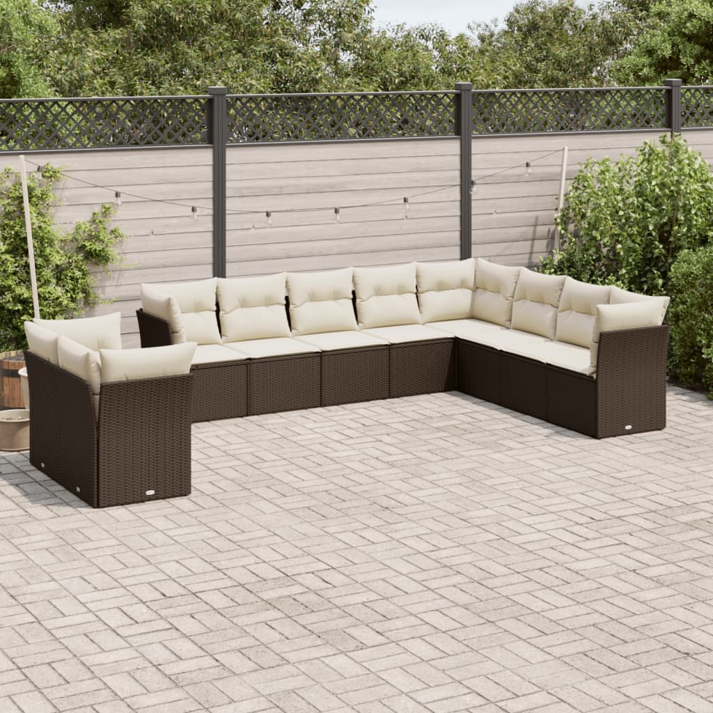 10-piece garden furniture set with brown cushions in woven resin