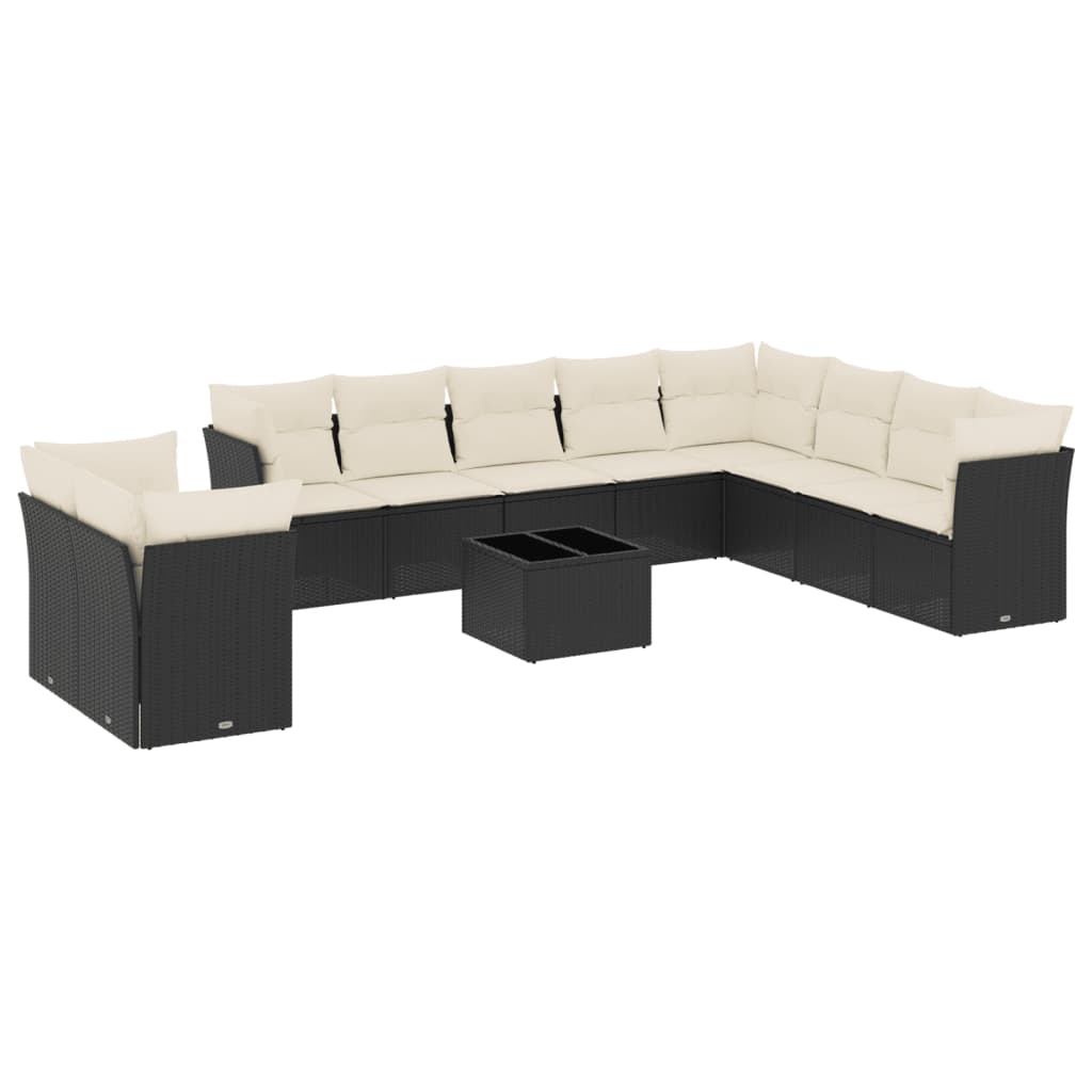 11-piece garden furniture set with black cushions in woven resin