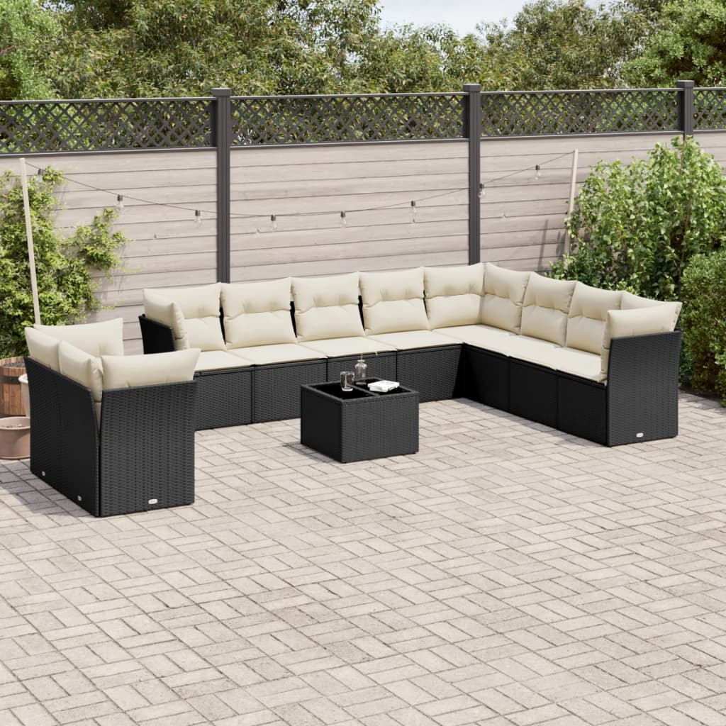 11-piece garden furniture set with black cushions in woven resin