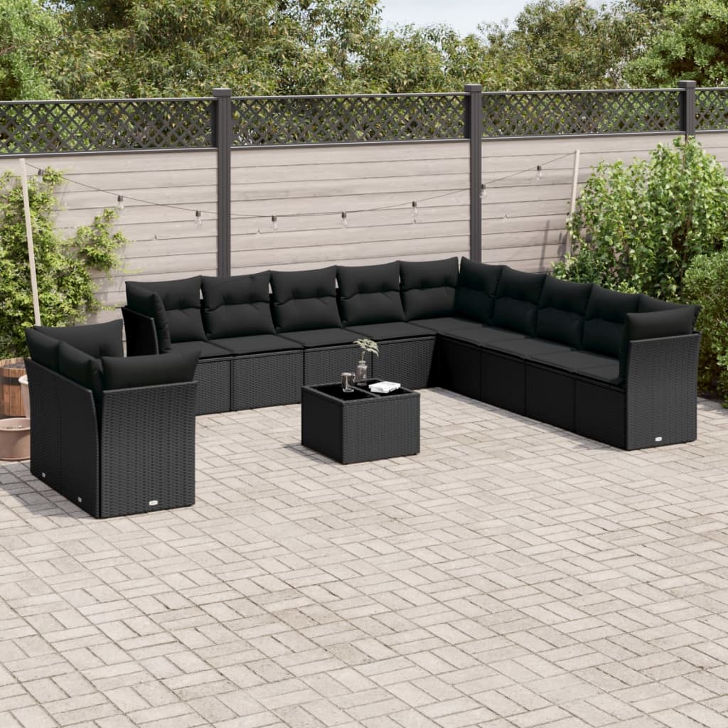 Salon de jardin 12 pcs avec coussins noir résine tressée