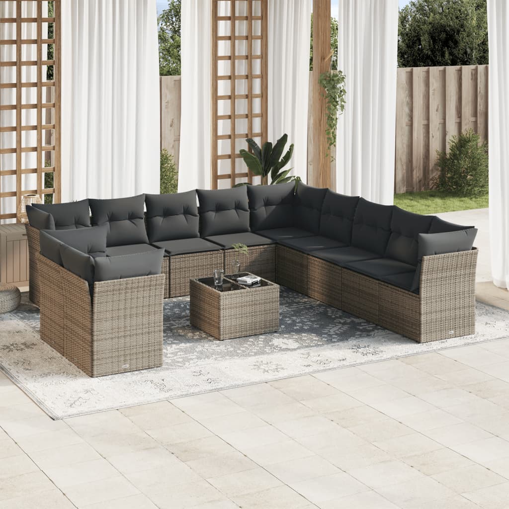 Salon de jardin avec coussins 12 pcs gris résine tressée