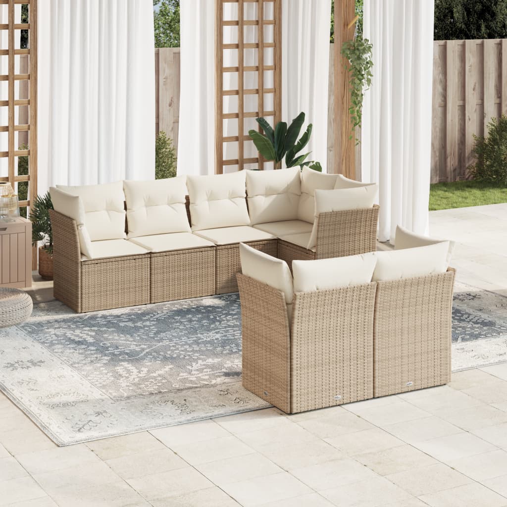 Garden furniture set with cushions 7 pcs beige woven resin