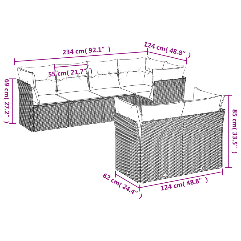 Salon de jardin avec coussins 7 pcs gris résine tressée