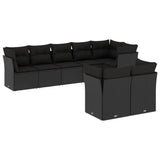 8-piece garden furniture set with black cushions in woven resin