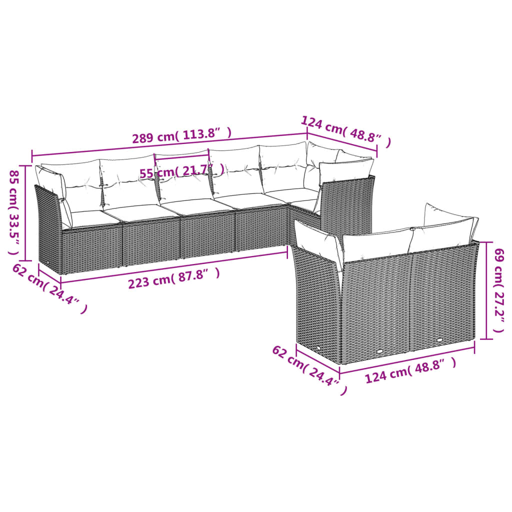 8-piece garden furniture set with black cushions in woven resin