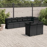 8-piece garden furniture set with black cushions in woven resin