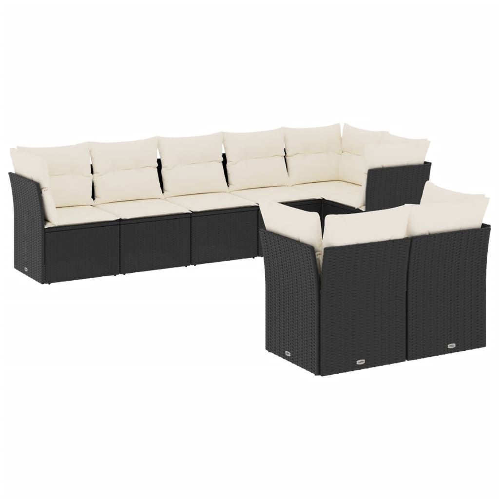 8-piece garden furniture set with black cushions in woven resin