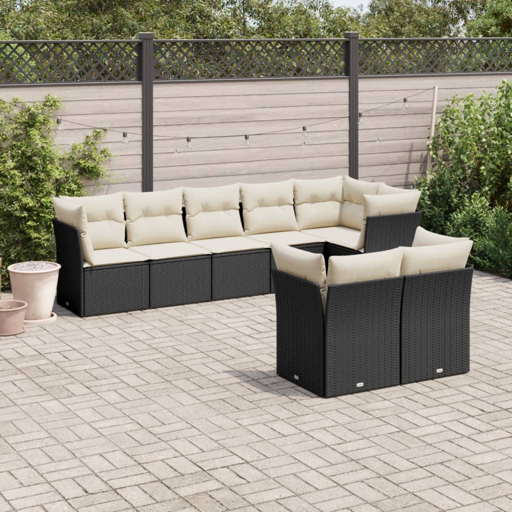 8-piece garden furniture set with black cushions in woven resin