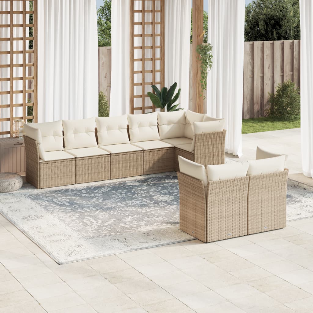 Salon de jardin avec coussins 8 pcs beige résine tressée