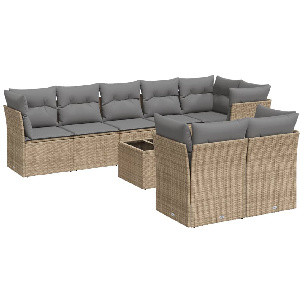 Garden furniture set with cushions 9 pcs beige woven resin