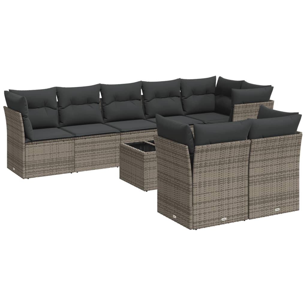 9-piece garden furniture set with grey cushions in woven resin