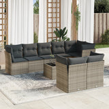 9-piece garden furniture set with grey cushions in woven resin