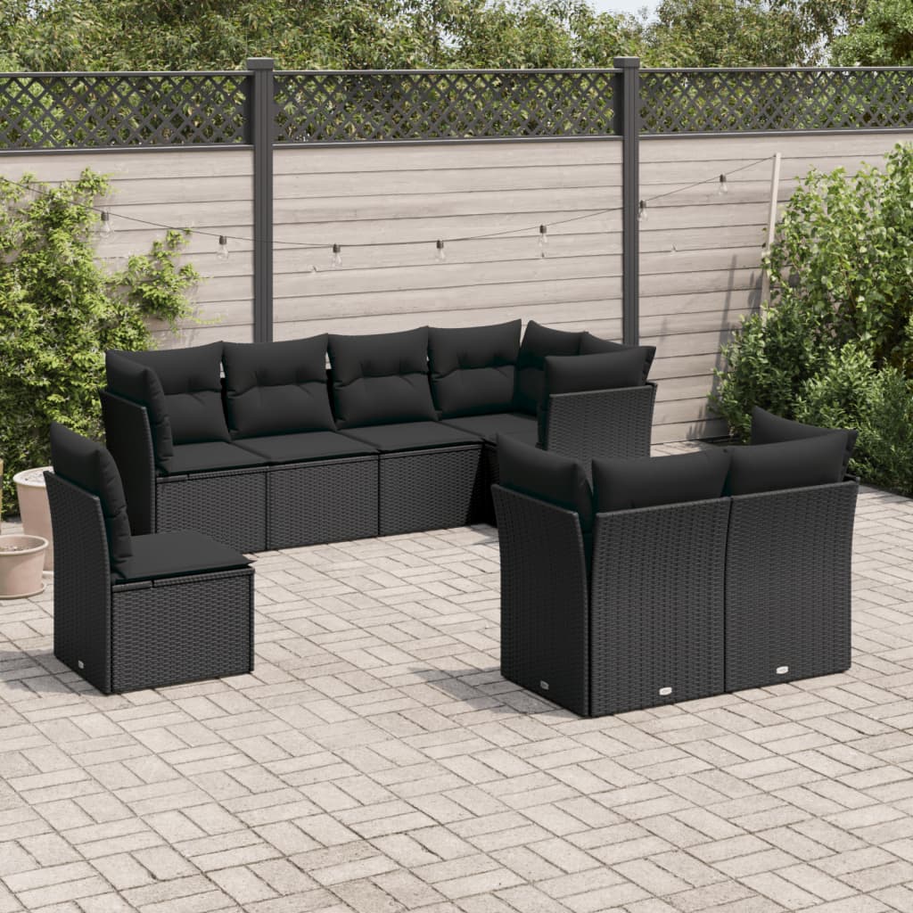 Salon de jardin 8 pcs avec coussins noir résine tressée