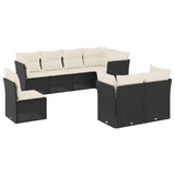 8-piece garden furniture set with black cushions in woven resin