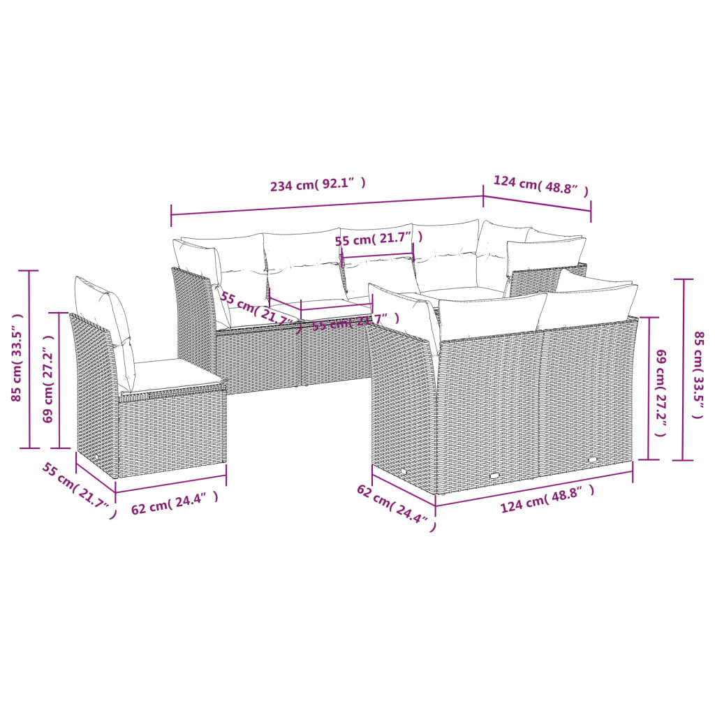 8-piece garden furniture set with black cushions in woven resin