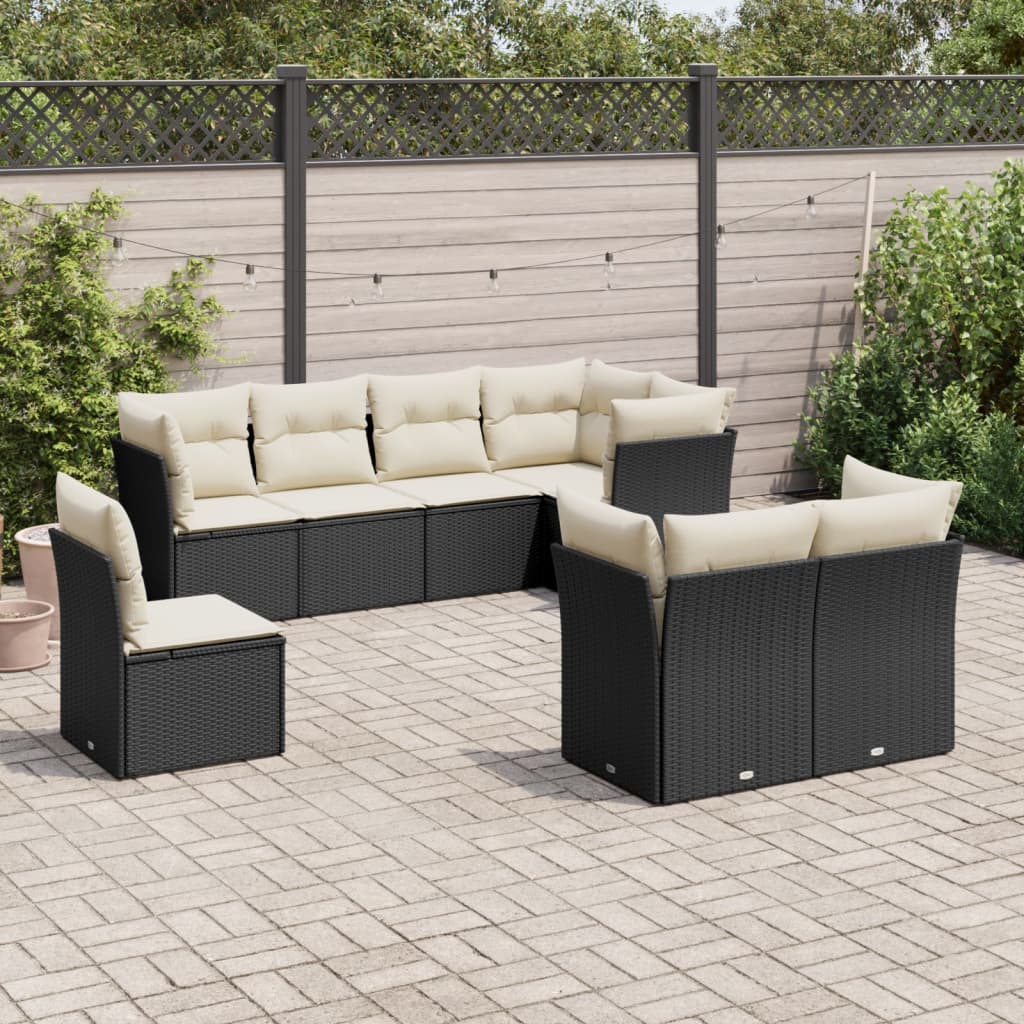 8-piece garden furniture set with black cushions in woven resin