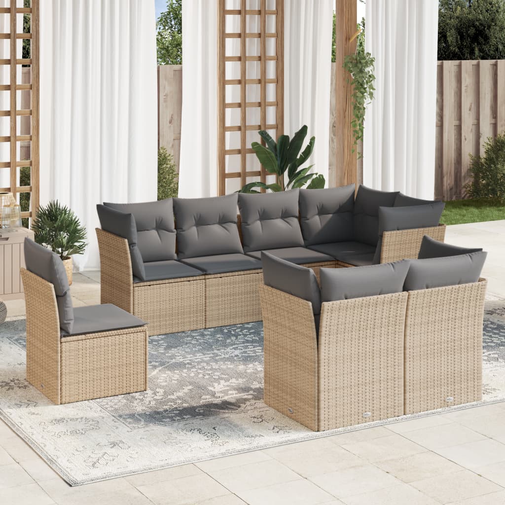 Salon de jardin avec coussins 8 pcs beige résine tressée