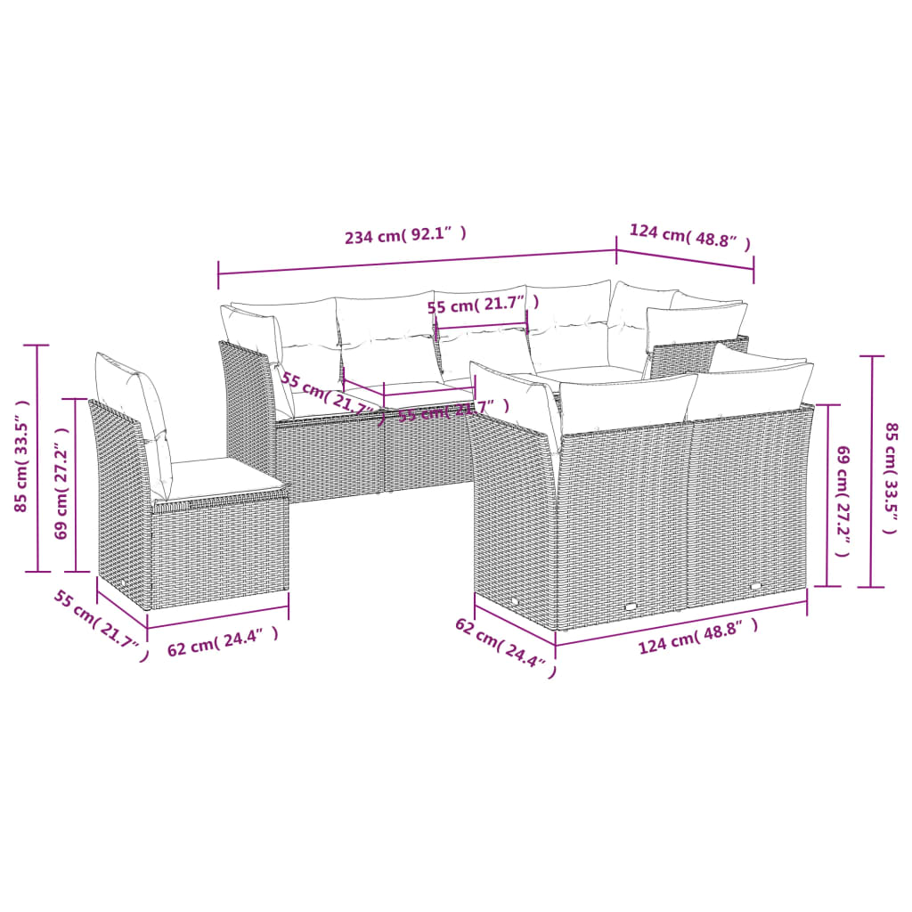 8-piece garden furniture set with brown cushions in woven resin