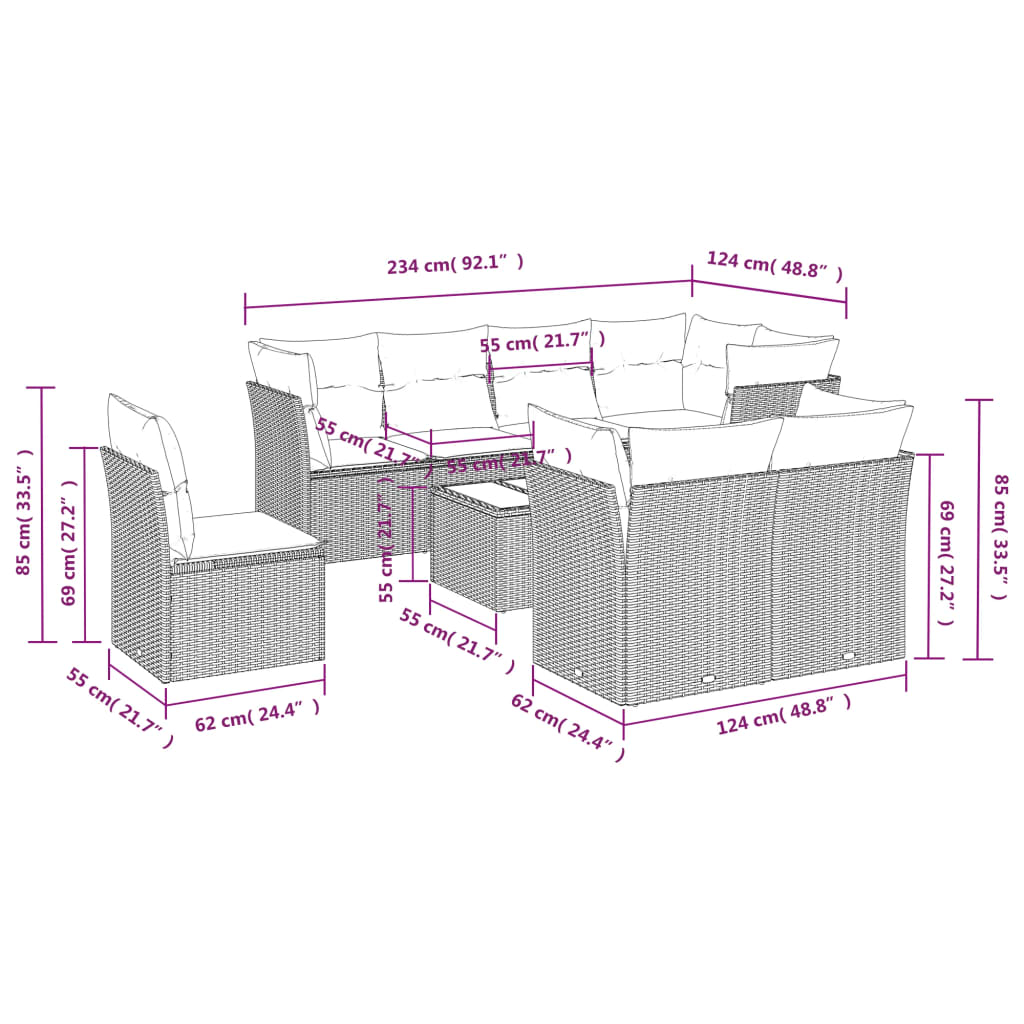 9-piece garden furniture set with grey cushions in woven resin