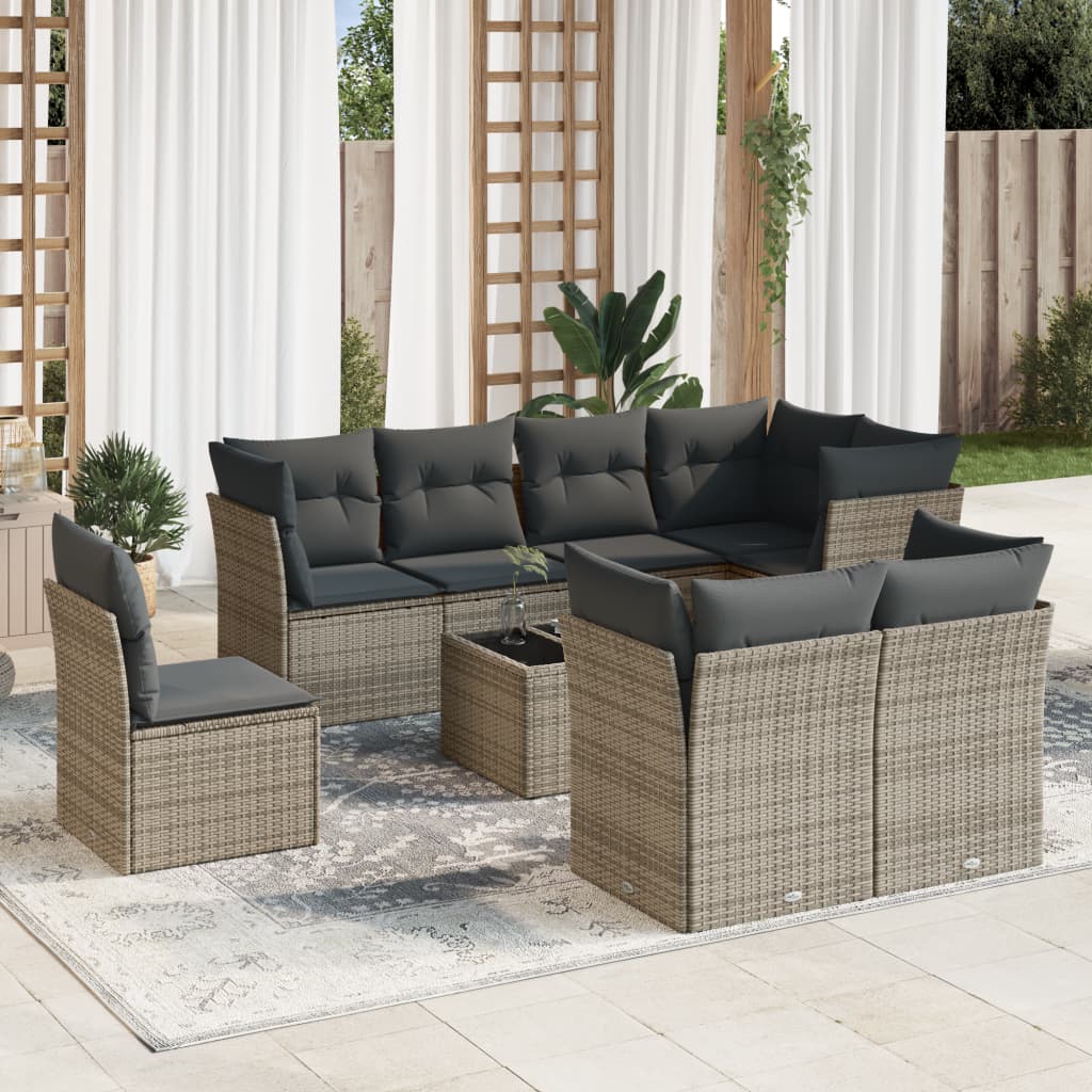 9-piece garden furniture set with grey cushions in woven resin