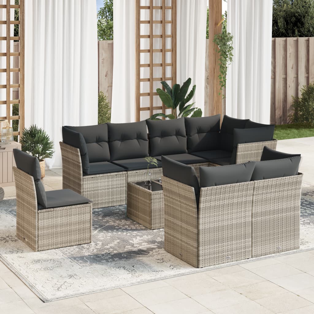 Salon de jardin 9 pcs avec coussins gris clair résine tressée