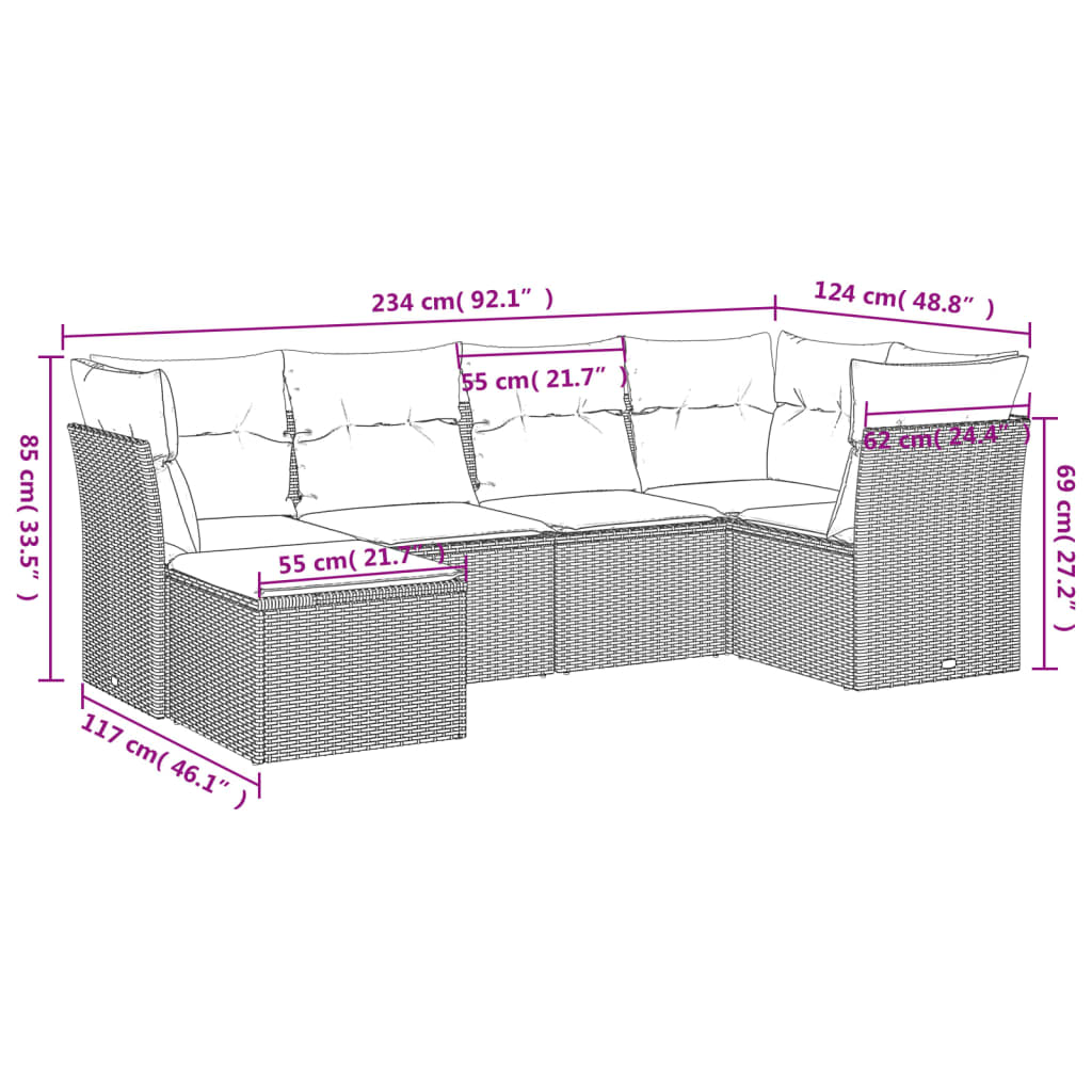 Salon de jardin avec coussins 6 pcs marron résine tressée