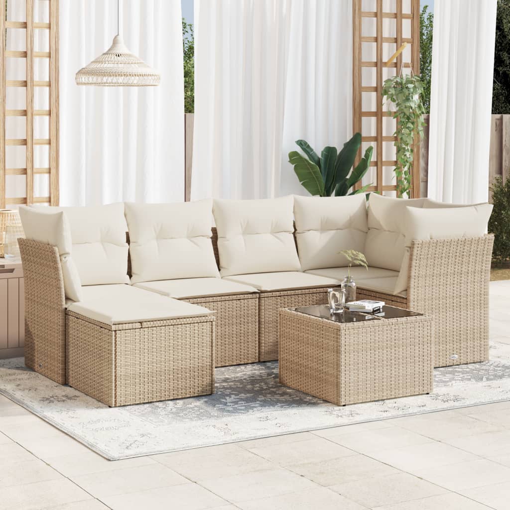 Garden furniture set with cushions 7 pcs beige woven resin