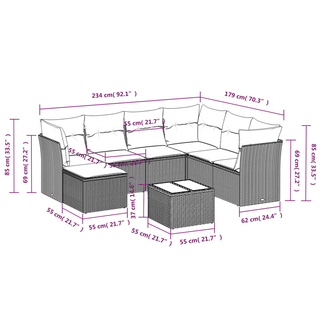 8-piece garden furniture set with grey resin wicker cushions