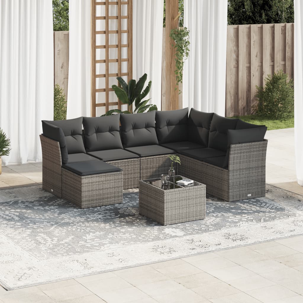 8-piece garden furniture set with grey resin wicker cushions