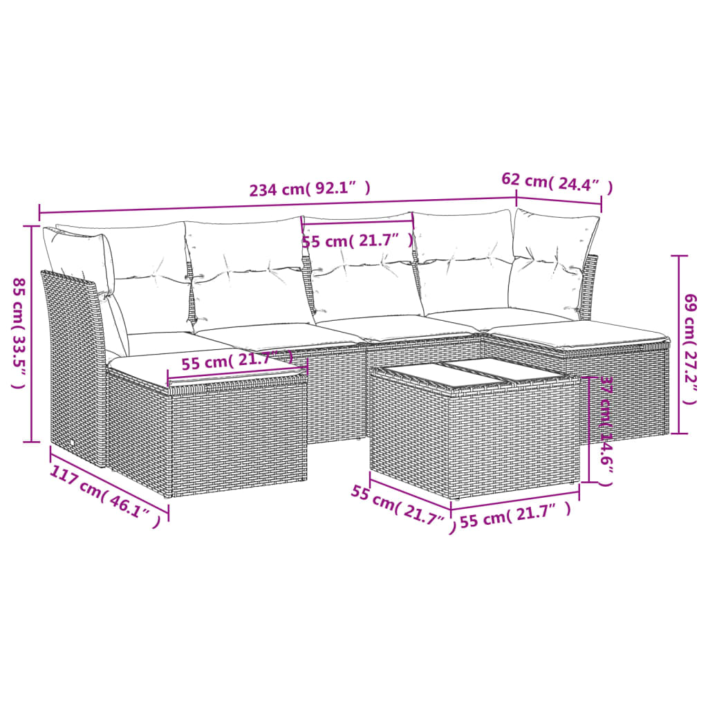 Salon de jardin avec coussins 7 pcs marron résine tressée