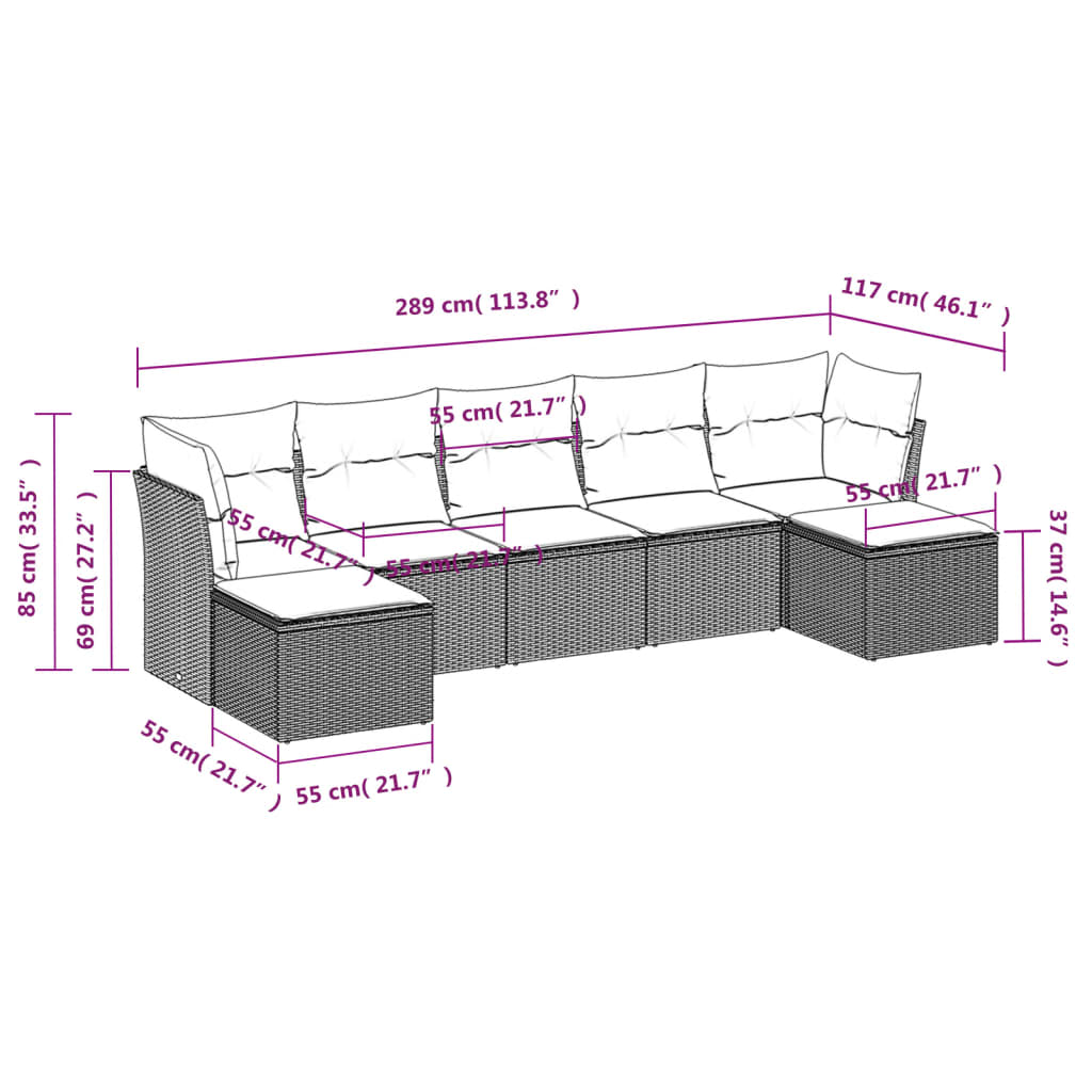 Salon de jardin avec coussins 7 pcs gris résine tressée