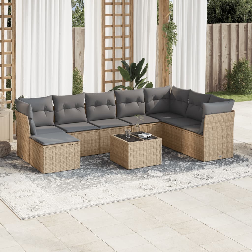 Salon de jardin avec coussins 9 pcs beige résine tressée