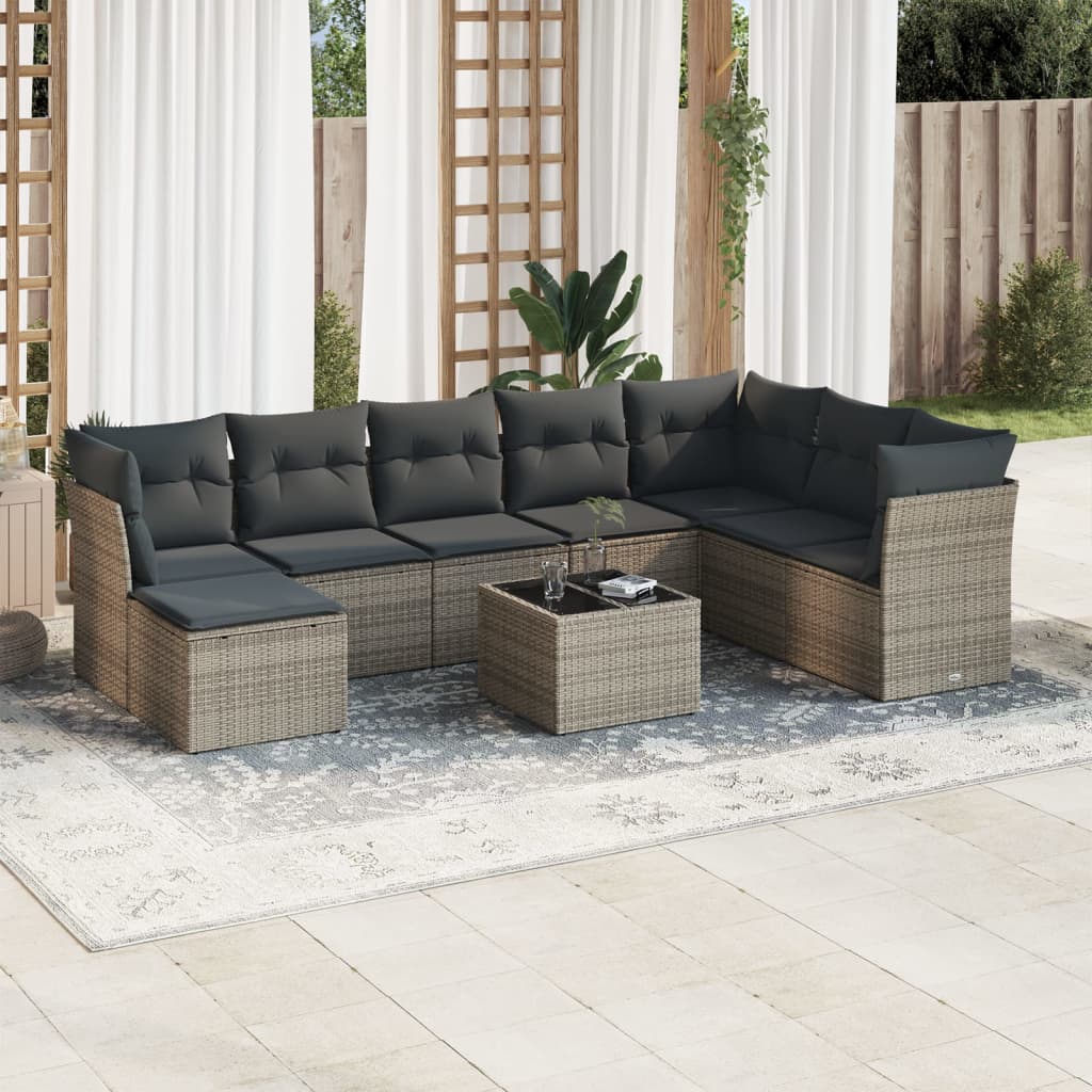 9-piece garden furniture set with grey cushions in woven resin