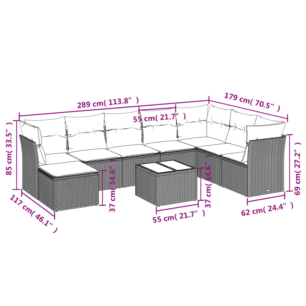 Salon de jardin avec coussins 9 pcs marron résine tressée