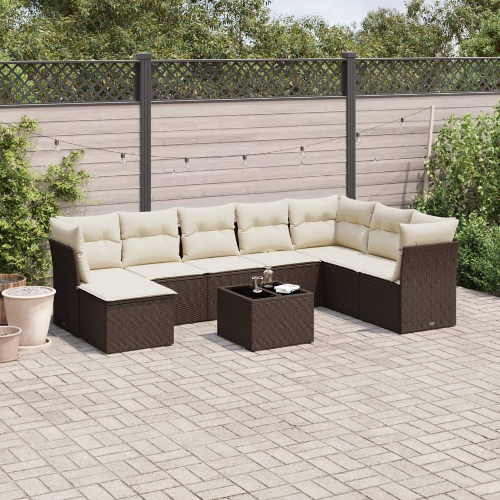 Salon de jardin avec coussins 9 pcs marron résine tressée