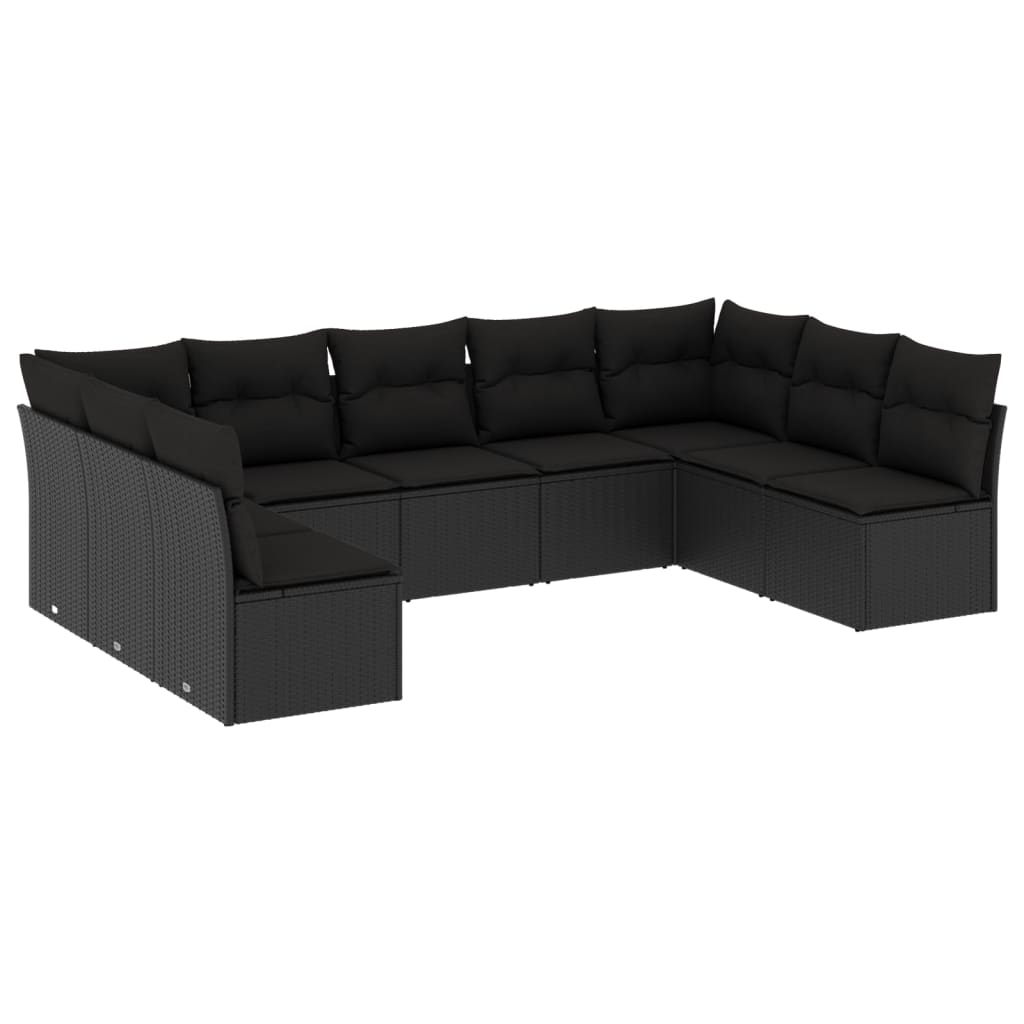 9-piece garden furniture set with black cushions in woven resin