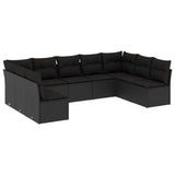 9-piece garden furniture set with black cushions in woven resin